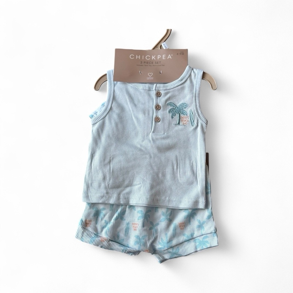 Chickpea 3-Piece Set Tank, Shorts, Hat Sz 3-6 Mos Blue Beach Palm Trees Daddy ❤️